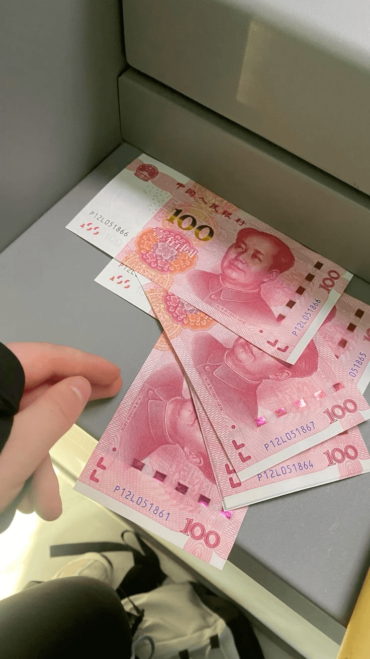 Chinese RMB cash kept as a travel backup.