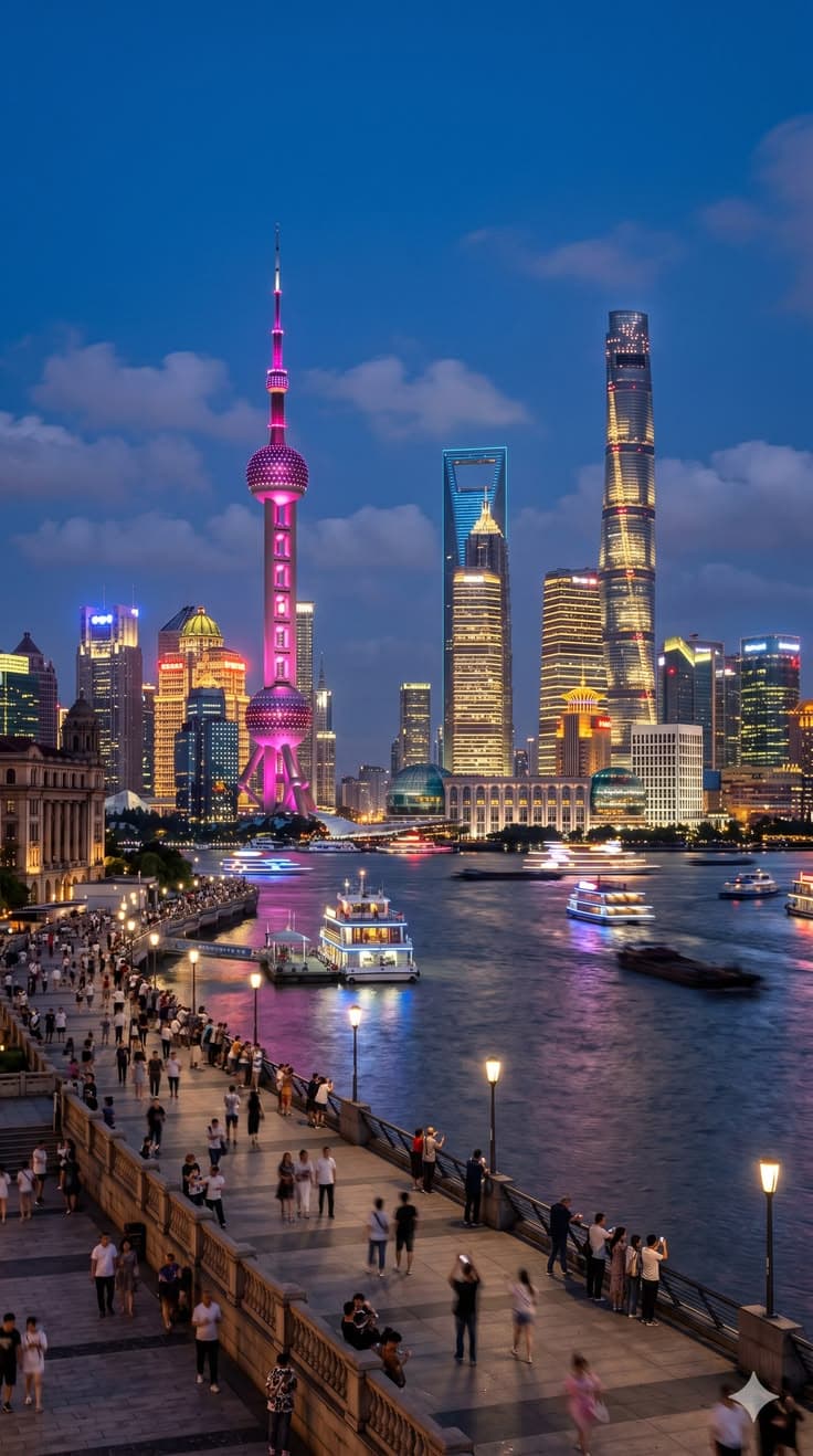 Shanghai Bund and Pudong skyline at night.