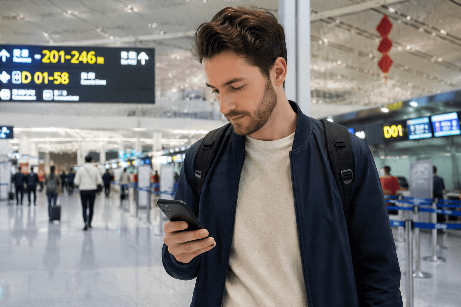 Traveller checking a phone inside a Chinese airport arrivals hall.