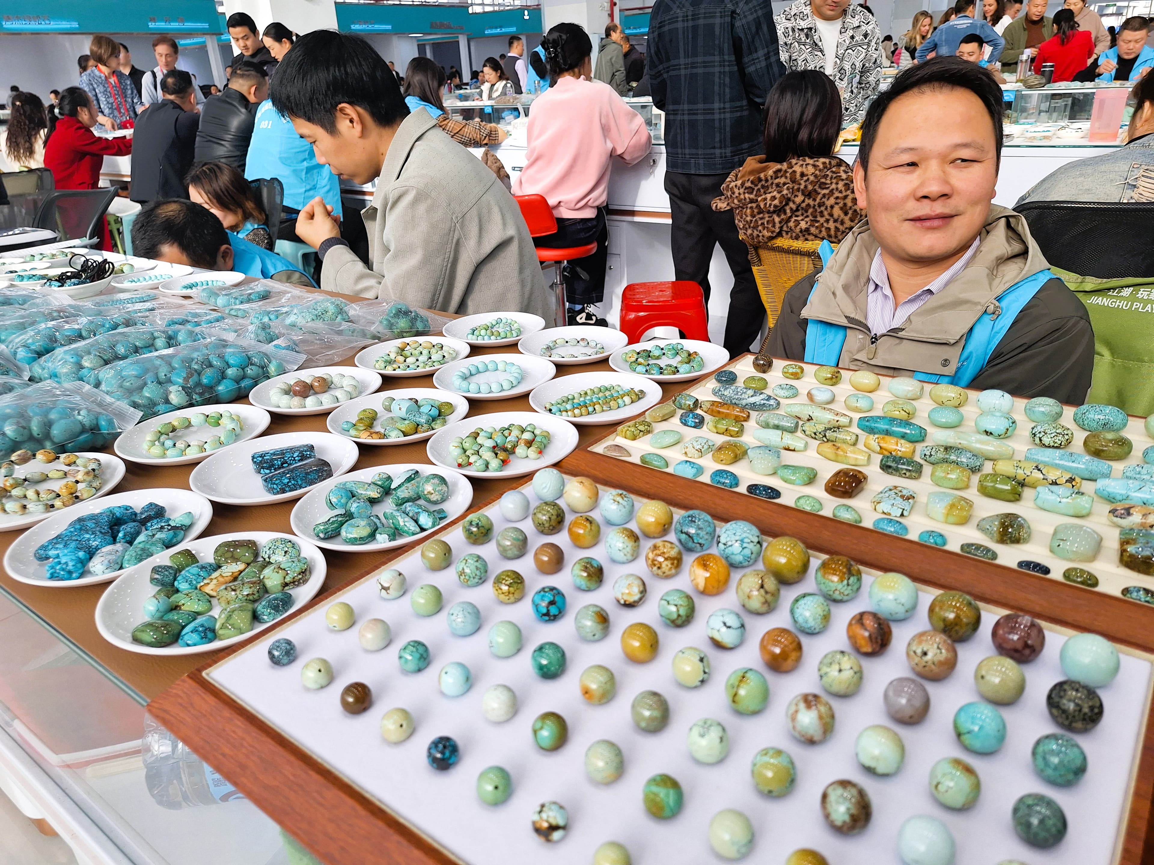 Turquoise stalls at Majiadu International Turquoise Trading Center in Zhushan.