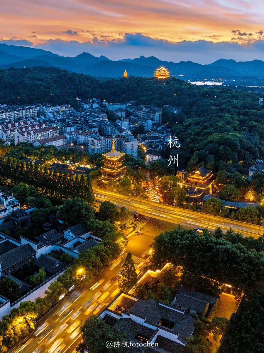 Hangzhou West Lake aerial view at sunset.